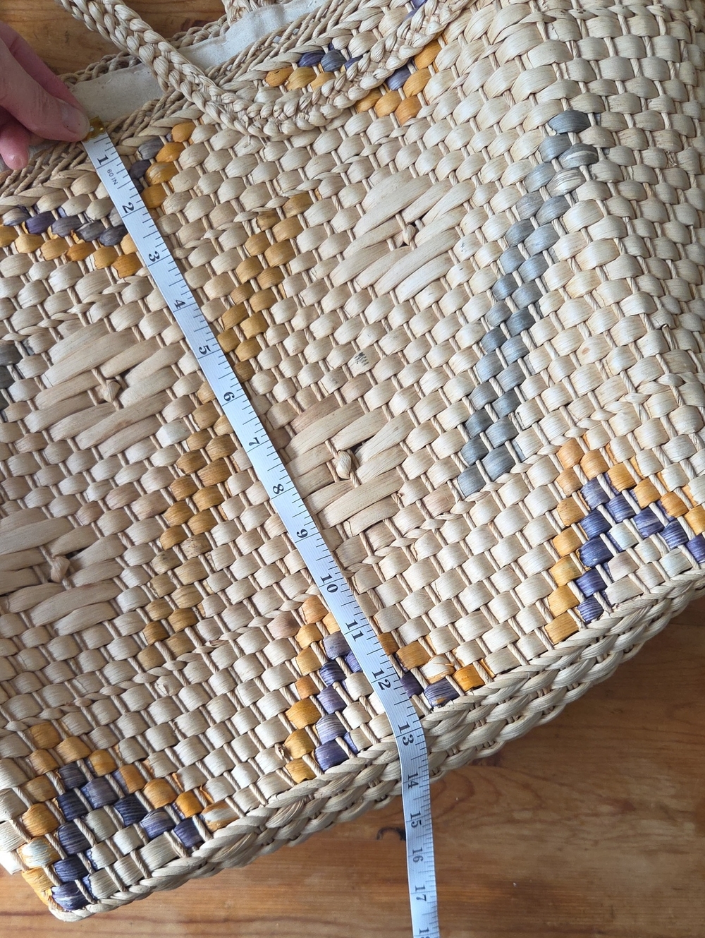 Woven Straw Tote Bag Blue Mustard Geometric Beach Vintage Style - Picture 8 of 14